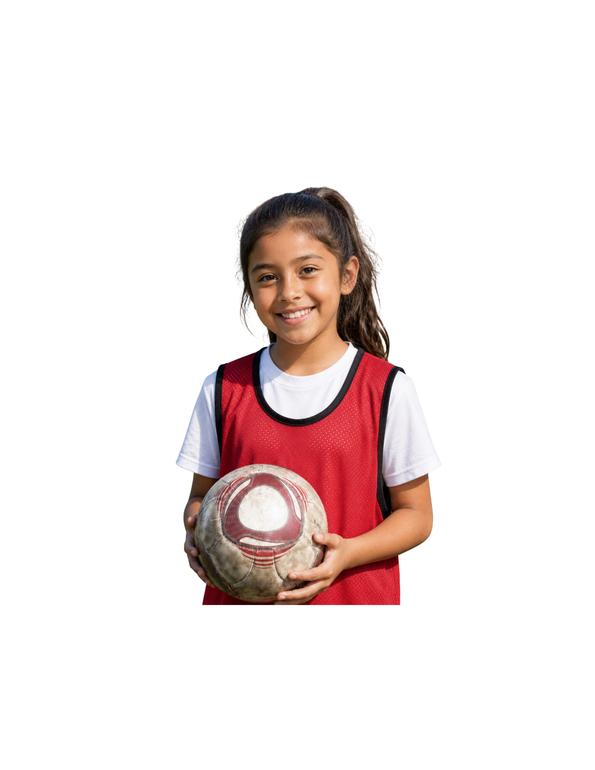 A young futsal player in a red American Futsal Foundation jersey holding a ball