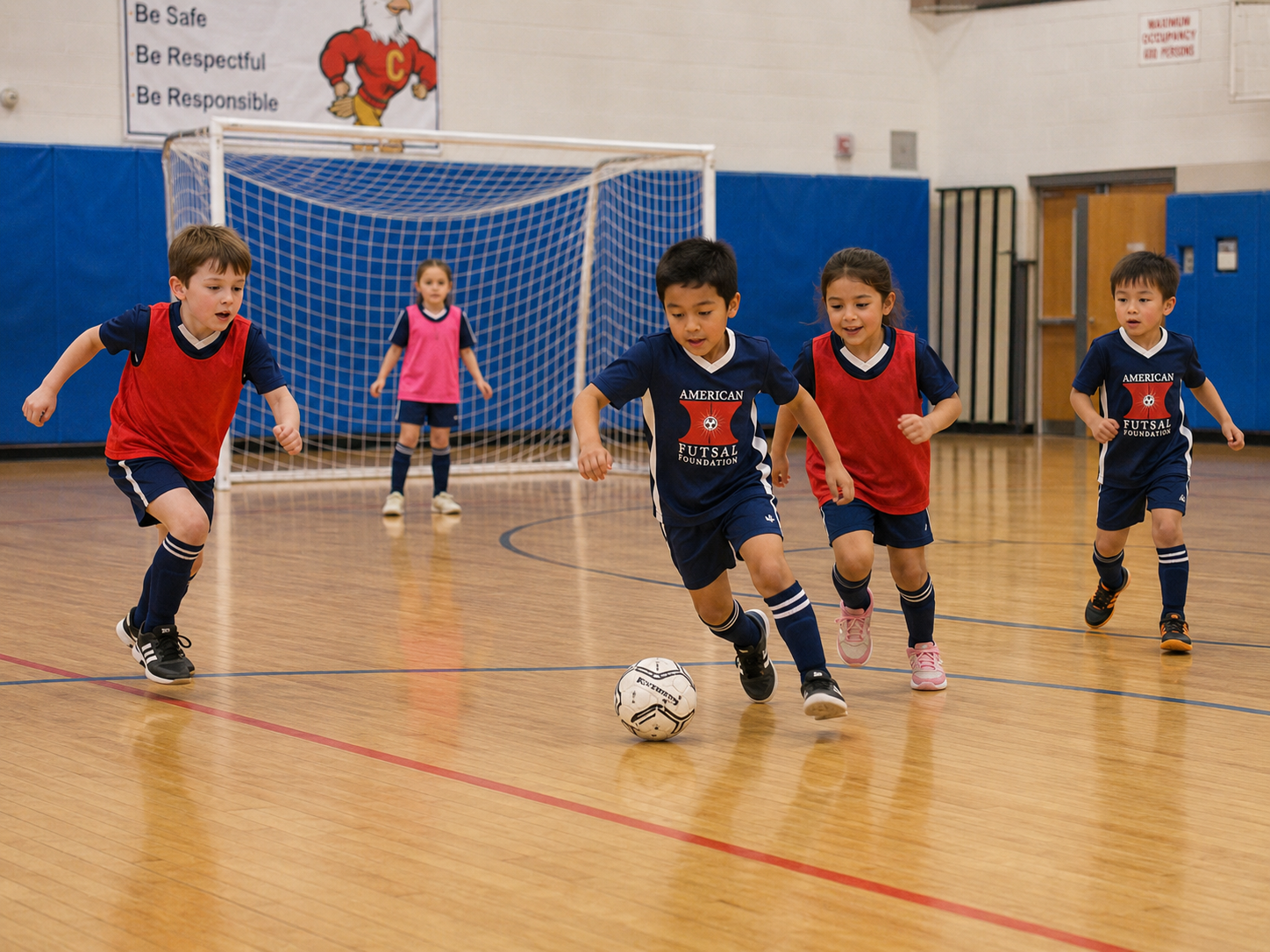 Young players using age-scaled futsal goals, balls, and court space