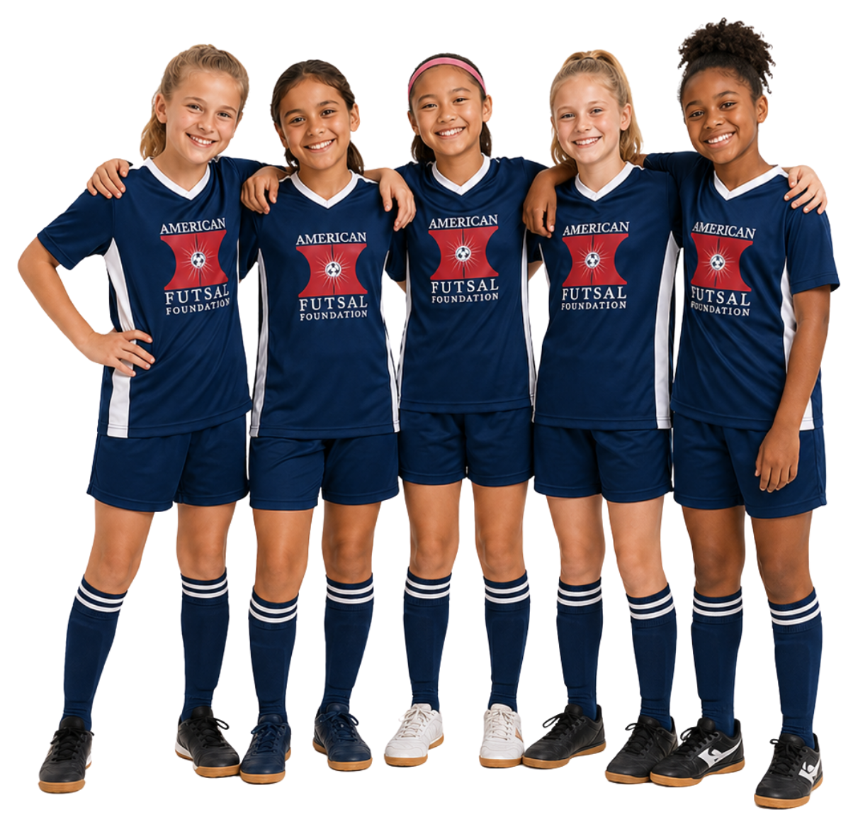 Five young AFF futsal players smiling together in team uniforms