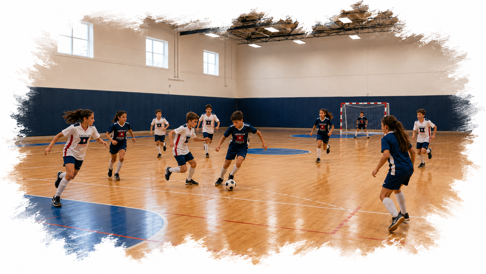 Teenage futsal players competing on an indoor court