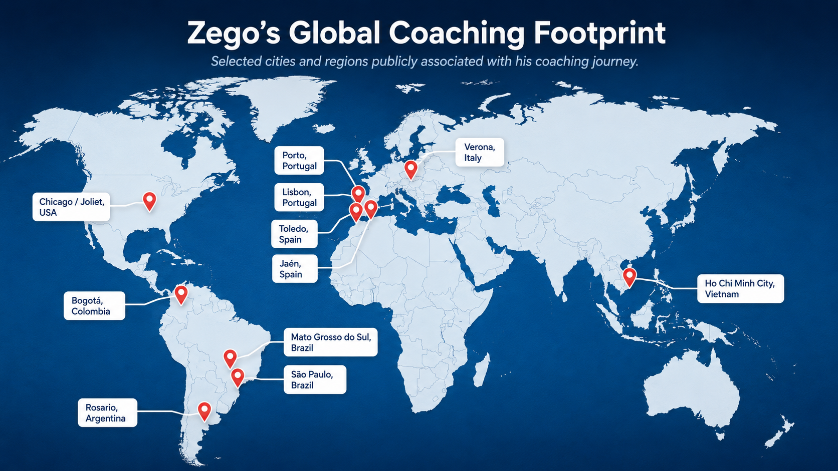World map showing selected locations connected to Mestre Zego’s international coaching journey