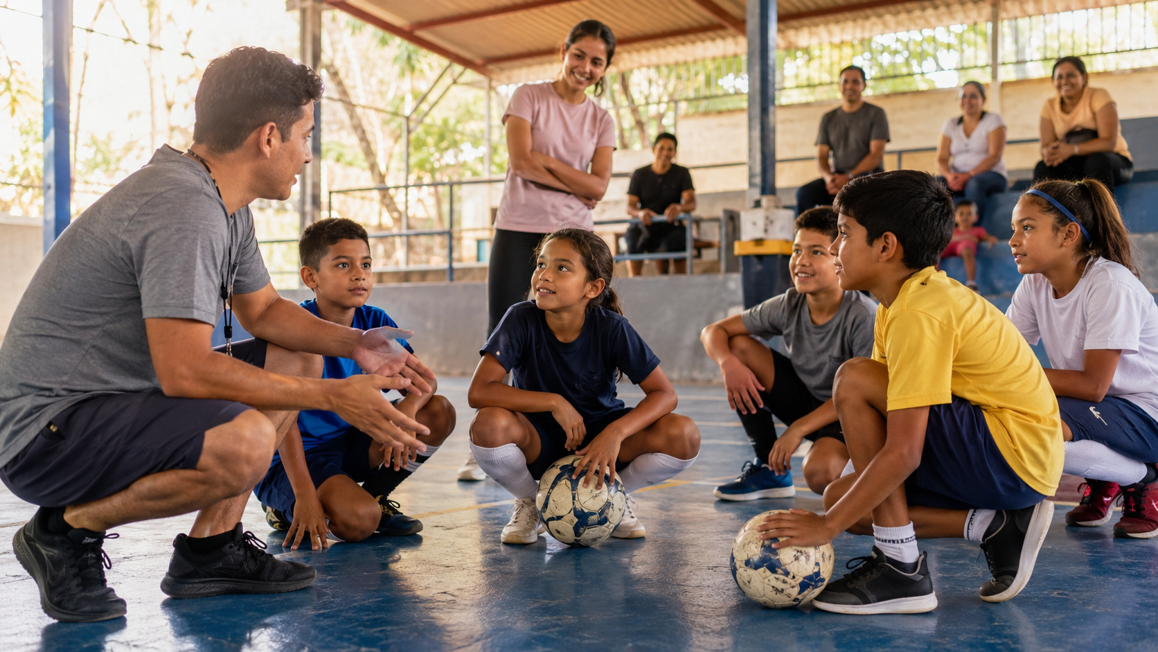 Community futsal coach teaching children with families and local supporters nearby