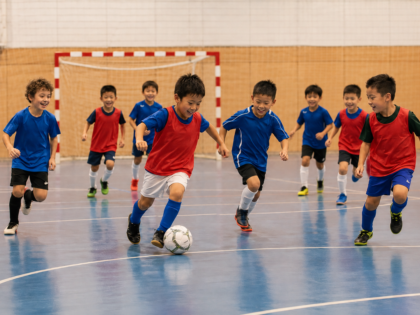 Young children enjoying a fast and joyful futsal game